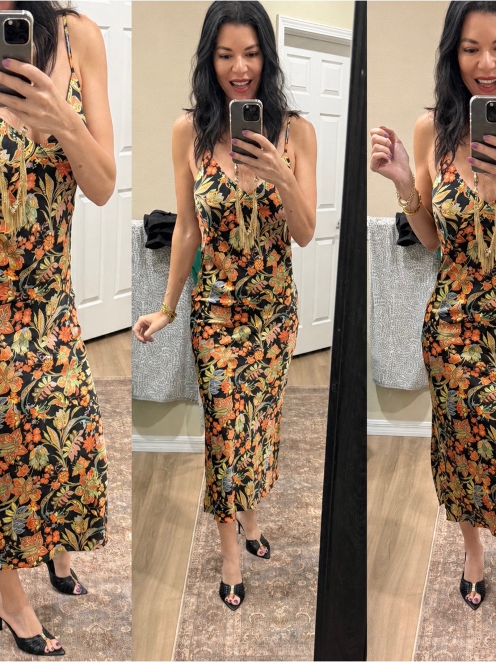 NEW TAGS. Dress Forum Black Floral Slip Midi Dress with Orange and Green Accents